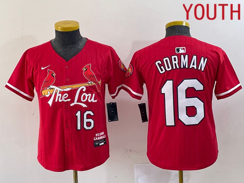 Youth St.Louis Cardinals #16 Gorman Red City Edition 2024 Nike MLB Jersey style 1->youth mlb jersey->Youth Jersey
